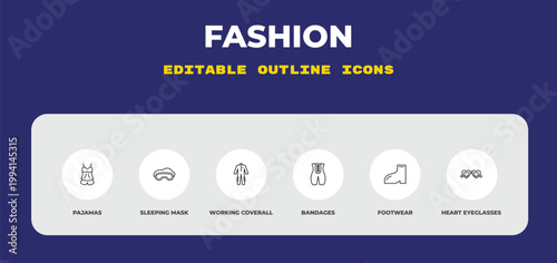 outline fashion icons set - pajamas, sleeping mask, working coverall. editable vector for web and mobile ui