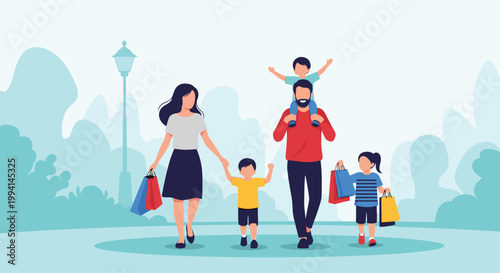 Happy family of four walking through a blue park landscape carrying colorful shopping bags after a successful trip to the store vector.