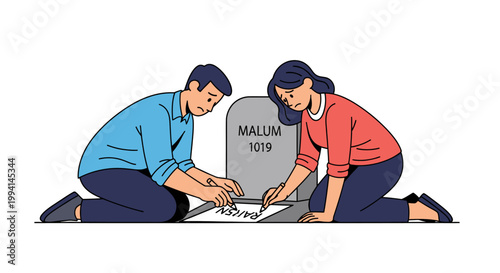 Couple Kneeling at a Tombstone, Remembering and Grieving Loss.