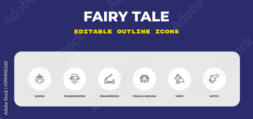 outline fairy tale icons set - queen, frankenstein, drawbridge. editable vector for web and mobile ui