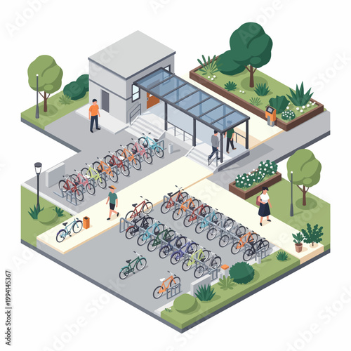 Isometric bicycle parking with people and building