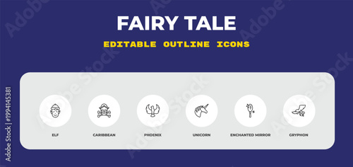 outline fairy tale icons set - elf, caribbean, phoenix. editable vector for web and mobile ui