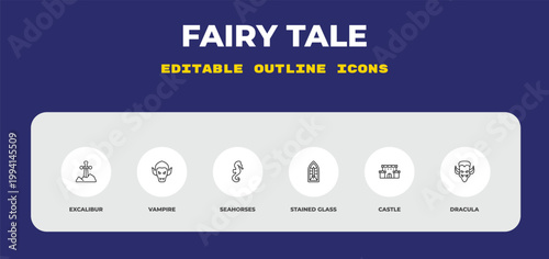 outline fairy tale icons set - excalibur, vampire, seahorses. editable vector for web and mobile ui