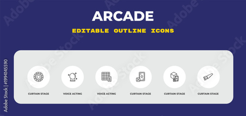 outline arcade icons set - curtain stage, voice acting, voice acting. editable vector for web and mobile ui