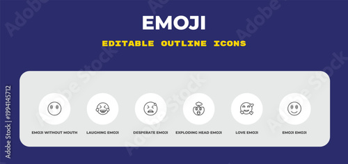 outline emoji icons set - emoji without mouth, laughing emoji, desperate editable vector for web and mobile ui