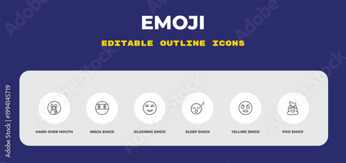 outline emoji icons set - hand over mouth emoji, ninja emoji, blushing editable vector for web and mobile ui