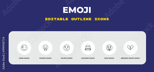 outline emoji icons set - wink emoji, puking emoji, muted editable vector for web and mobile ui