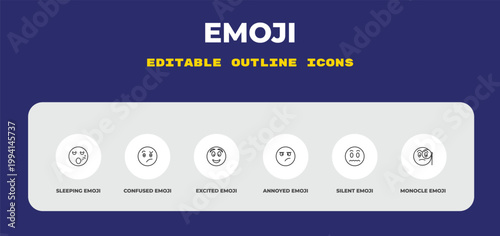outline emoji icons set - sleeping emoji, confused emoji, excited editable vector for web and mobile ui