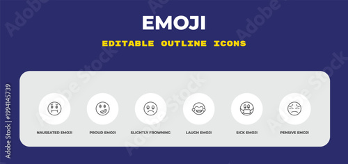 outline emoji icons set - nauseated emoji, proud emoji, slightly frowning editable vector for web and mobile ui