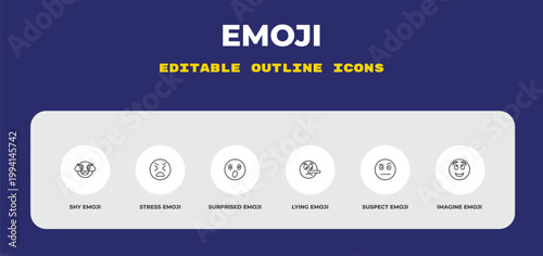 outline emoji icons set - shy emoji, stress emoji, surprised editable vector for web and mobile ui