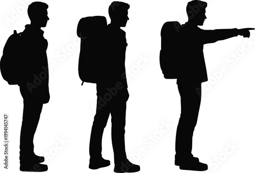 Male traveler silhouette with backpack, standing walking pointing poses vector illustration set