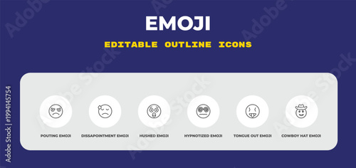 outline emoji icons set - pouting emoji, dissapointment emoji, hushed editable vector for web and mobile ui