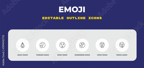 outline emoji icons set - crazy emoji, thinking emoji, dizzy editable vector for web and mobile ui