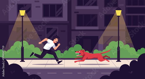 Terrified man running away from an aggressive red dog on a city sidewalk at night under the glow of street lamps with buildings in the background.