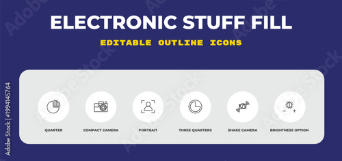 outline electronic stuff fill icons set - quarter, compact camera, portrait. editable vector for web and mobile ui