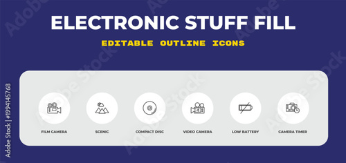 outline electronic stuff fill icons set - film camera, scenic, compact disc. editable vector for web and mobile ui