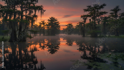 Serene swampy landscape at sunset dusk.