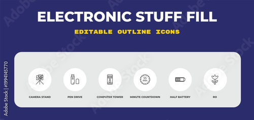 outline electronic stuff fill icons set - camera stand, pen drive, computer tower. editable vector for web and mobile ui