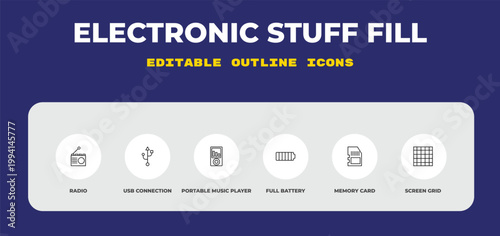 outline electronic stuff fill icons set - radio, usb connection, portable music player. editable vector for web and mobile ui