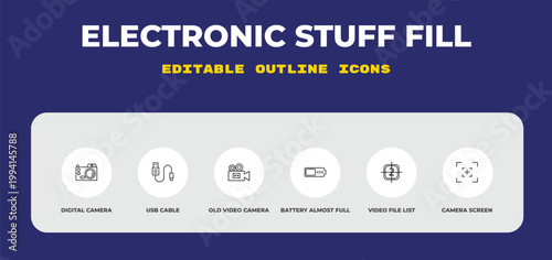 outline electronic stuff fill icons set - digital camera, usb cable, old video camera. editable vector for web and mobile ui
