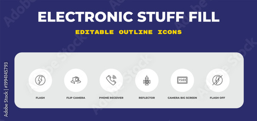 outline electronic stuff fill icons set - flash, flip camera, phone receiver. editable vector for web and mobile ui