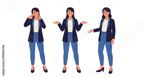 Collection of three illustrations showing a woman in a professional suit in different communicative poses expressing various business concepts.