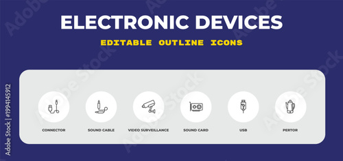 outline electronic devices icons set - connector, sound cable, video surveillance. editable vector for web and mobile ui