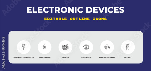 outline electronic devices icons set - usb wireless adapter, smartwatch, printer. editable vector for web and mobile ui