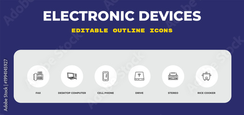 outline electronic devices icons set - fax, desktop computer, cell phone. editable vector for web and mobile ui