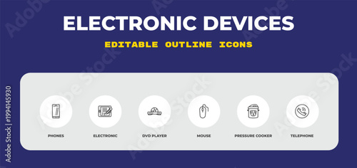 outline electronic devices icons set - phones, electronic, dvd player. editable vector for web and mobile ui