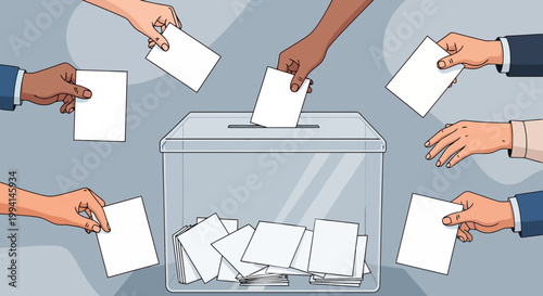 Vector Illustration of Diverse Hands Casting White Ballots into a Transparent Voting Box, Representing Democracy, Election Participation, and Civic Responsibility