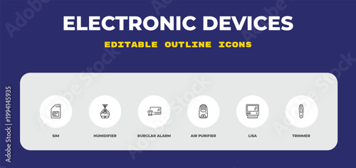 outline electronic devices icons set - sim, humidifier, burglar alarm. editable vector for web and mobile ui