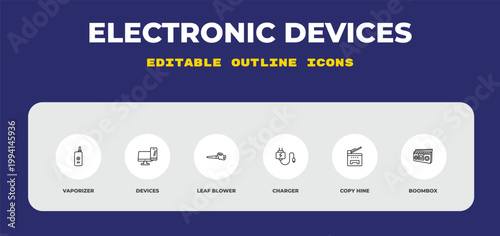 outline electronic devices icons set - vaporizer, devices, leaf blower. editable vector for web and mobile ui