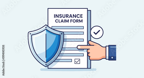 Insurance Claim Form Concept with Shield and Hand Pointing to Document for Security and Protection Illustration