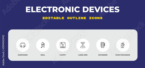 outline electronic devices icons set - earphones, grill, floppy. editable vector for web and mobile ui