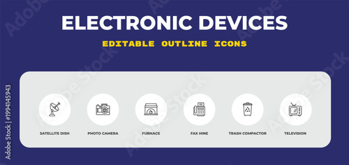 outline electronic devices icons set - satellite dish, photo camera, furnace. editable vector for web and mobile ui