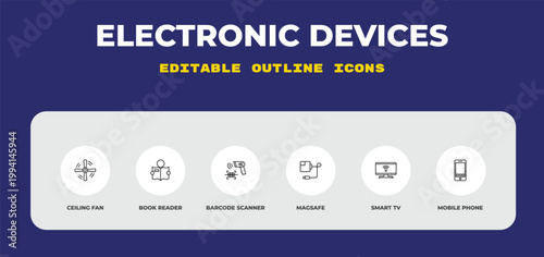 outline electronic devices icons set - ceiling fan, book reader, barcode scanner. editable vector for web and mobile ui