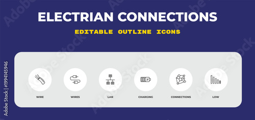 outline electrian connections icons set - wire, wires, lan. editable vector for web and mobile ui