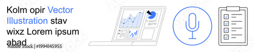 Data management, tech tools, productivity apps, workplace solutions, analytics, reporting. Laptop displaying charts, microphone icon and checklist. Data analytics and productivity tools concept