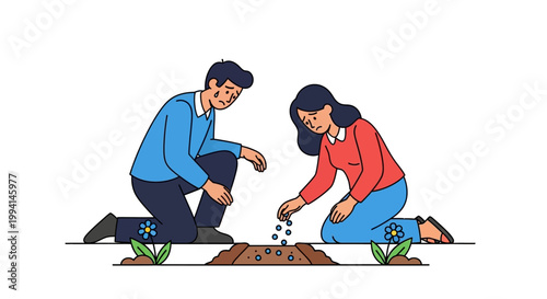 Couple Planting Seeds in Garden, Nurturing New Life Together.