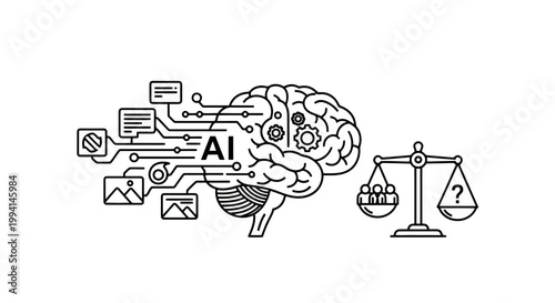 AI Ethics and Law Concept Illustration: Human Brain with Data Inputs and Justice Scales Representing Digital Rights and Intellectual Property