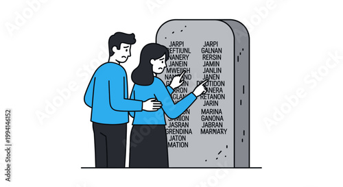 Couple Reviews Names on Memorial Stone, Remembering Loved Ones.