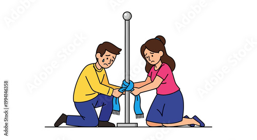 Couple struggling to raise a flag on a flagpole together.