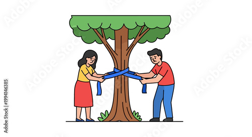 Couple Tying a Blue Ribbon Around a Tree Trunk Symbolizing Unity.