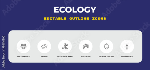 outline ecology icons set - solar energy, raining, plant on a hand. editable vector for web and mobile ui