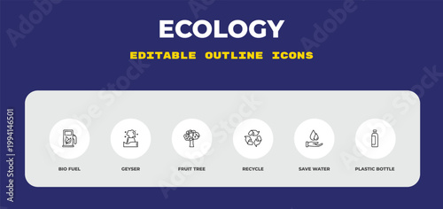 outline ecology icons set - bio fuel, geyser, fruit tree. editable vector for web and mobile ui