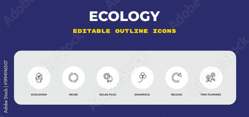 outline ecology icons set - ecologism, reuse, solar plug. editable vector for web and mobile ui