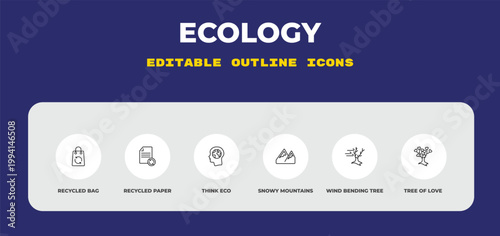 outline ecology icons set - recycled bag, recycled paper, think eco. editable vector for web and mobile ui