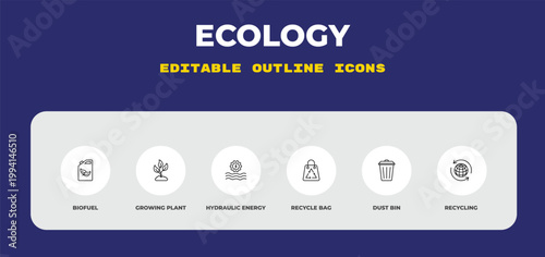 outline ecology icons set - biofuel, growing plant, hydraulic energy. editable vector for web and mobile ui