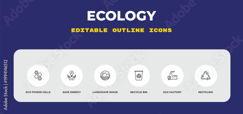 outline ecology icons set - eco power cells, save energy, landscape image. editable vector for web and mobile ui